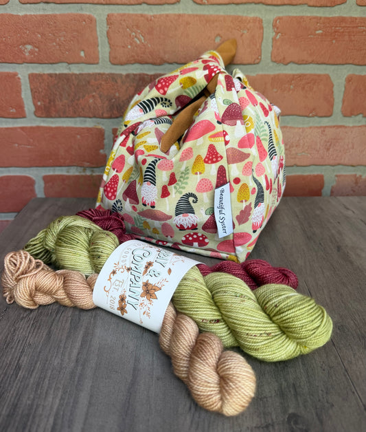 Mushroom Gnome Heather Bag with Fingering weight/Sport weight minis
